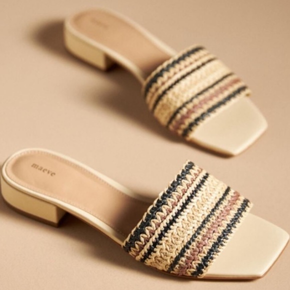 Anthropologie Maeve Coralie Raffia Striped Square Toe Slide Sandals Sz 41 - Picture 1 of 10
